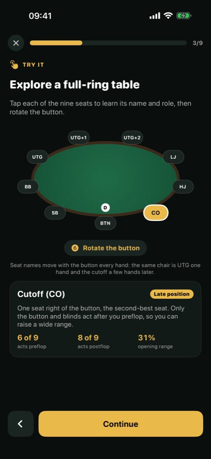 Interactive lesson: tap each of the nine seats at a full-ring table to learn its name and role.